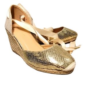 Metallic Gold & cream Lilly Morgan Wedge strap up sandals, size 7